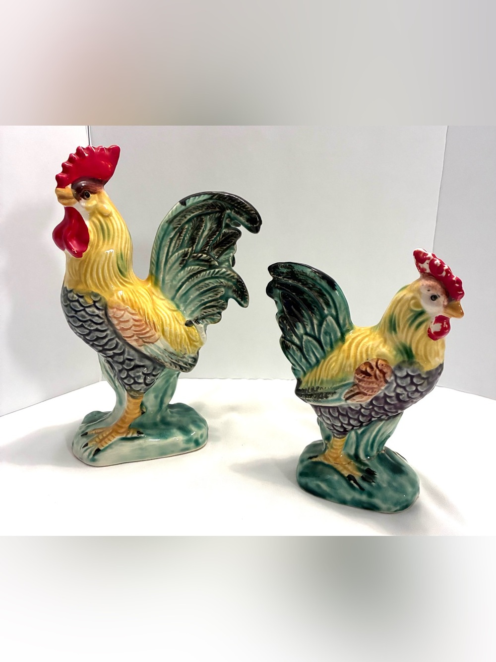 Vintage (1960’s) ceramic rooster and hen figurines, made by Chase, Japan